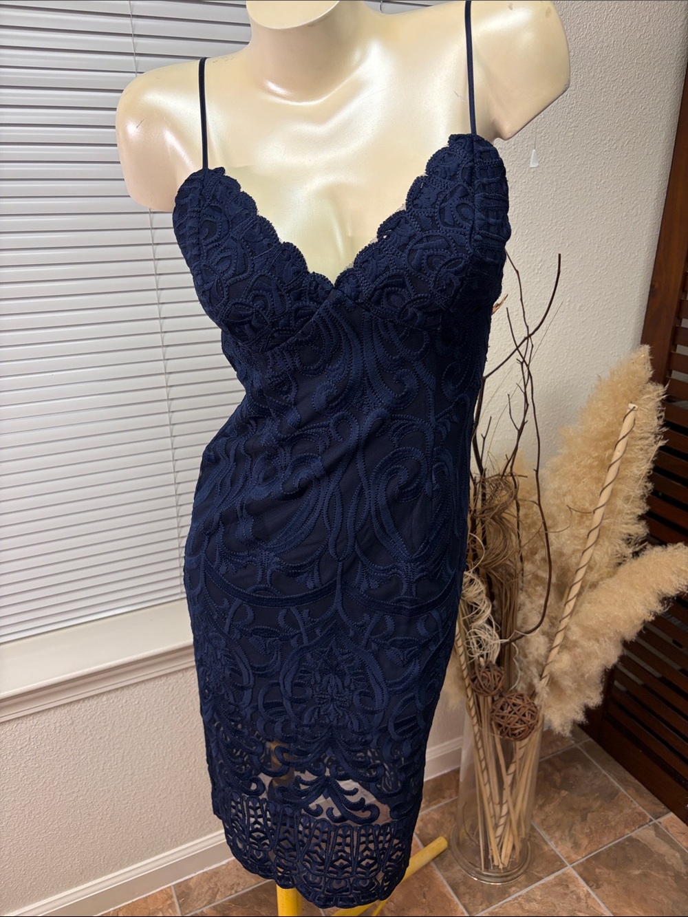 *Navy Lace Midi Dress with Scalloped V-Neck NWOT